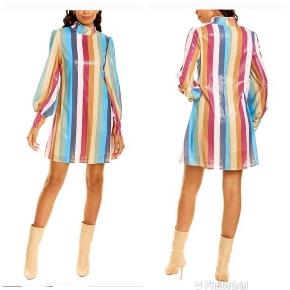 Olivia Rubin Melissa Sequin Rainbow Stripe Long Sleeve Mock Neck Mini Dress - Picture 1 of 15